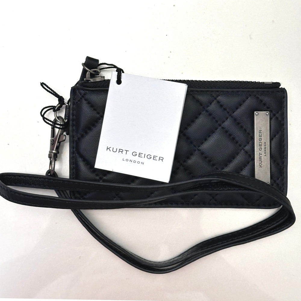 Kurt Geiger London Quilted Card Case Wallet with Lanyard Strap Black Minimalist
